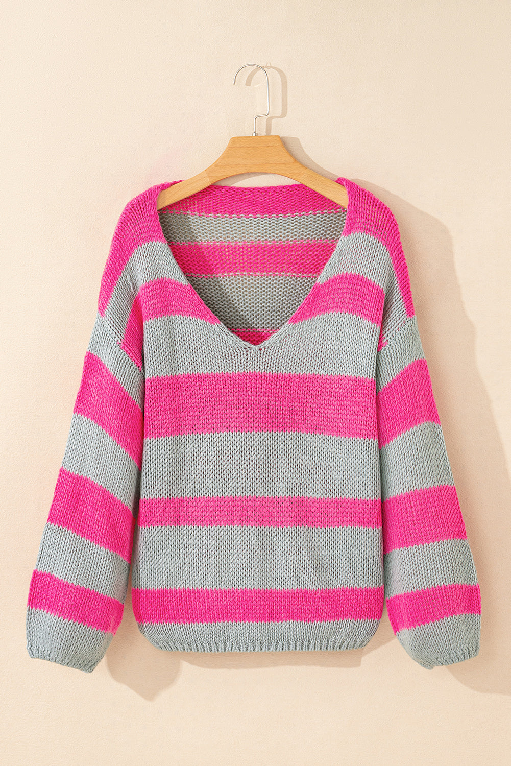 Striped Colourblock Knit V Neck Loose Fit Sweater | Rose