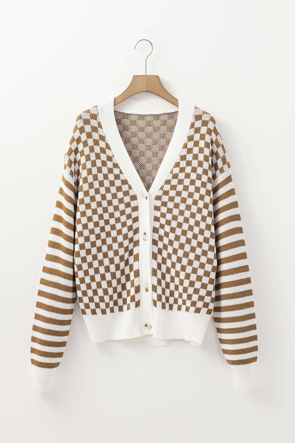 Checkered Striped Patched Buttoned V Neck Cardigan | Brown