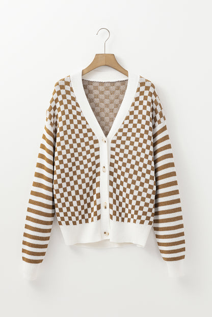 Checkered Striped Patched Buttoned V Neck Cardigan | Brown