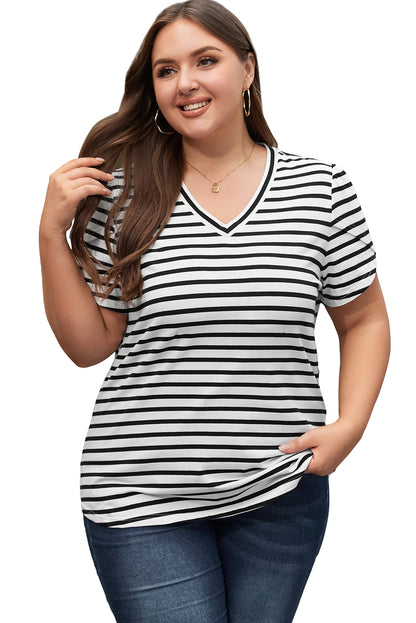 V Neck Petal Sleeve Plus Size T-Shirt | White Stripe