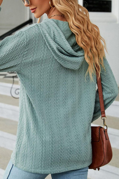 Button Front Textured Drawstring Hooded Long Sleeve Top | Mint Green