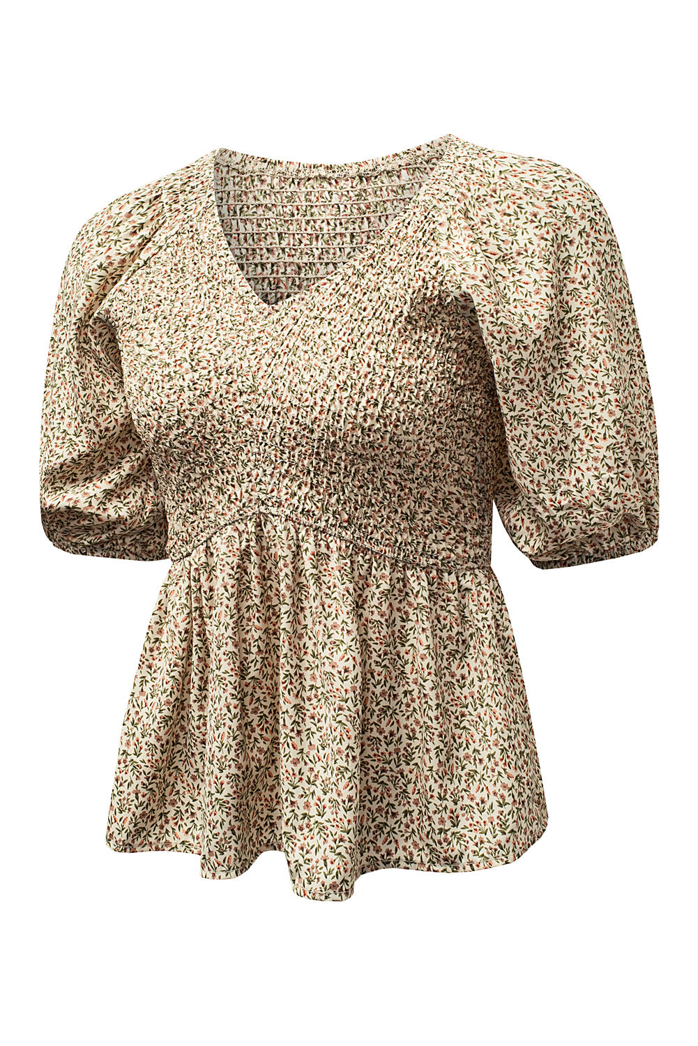 Floral Print Puff Sleeve Smocked Top | Green