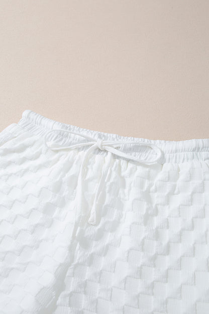 Textured Split Neck Top And Drawstring Shorts Set | White