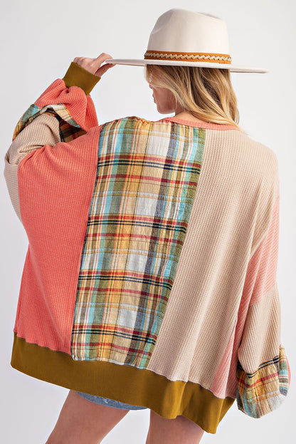 Waffle Knit Plaid Patchwork Side Slits Loose Sweatshirt | Multicolour