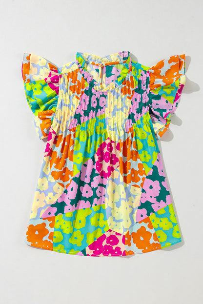 Abstract Print Pleated Flutter Sleeve Blouse | Multicolour