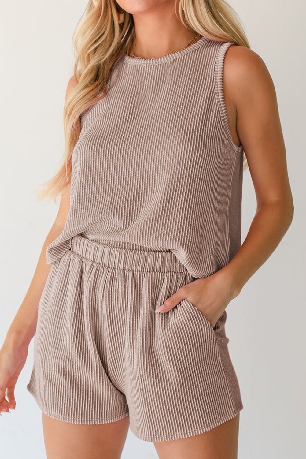 Corded Sleeveless Top And Pocketed Shorts Set | Smoke Gray