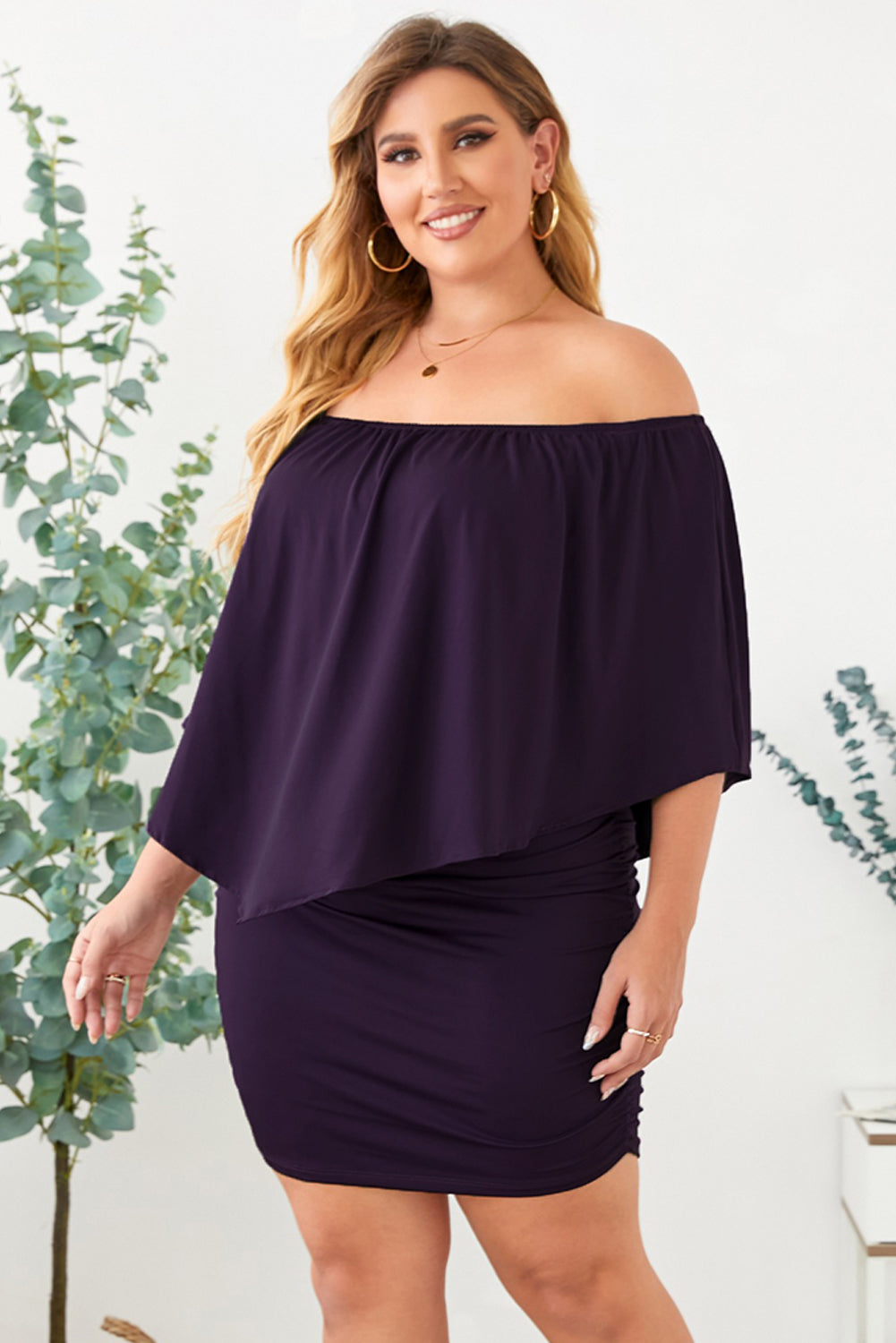 Plus Size Dressing Layered  Mini Poncho Dress | Purple