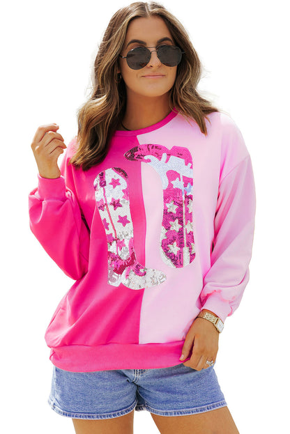 Colour Block Sequined Cowgirl Boots Graphic Sweatshirt | Pink