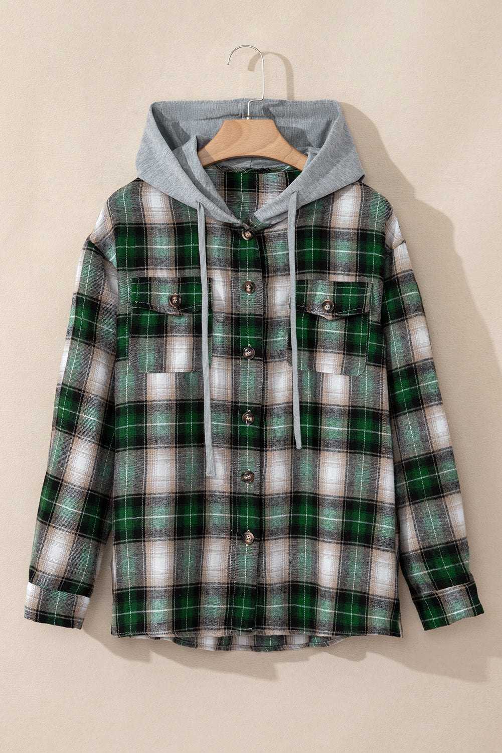 Plaid Print Chest Pocket Buttoned Hooded Shacket | Green