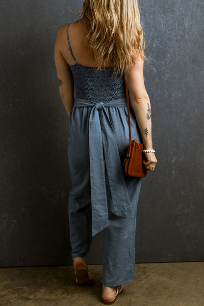 Smocked Spaghetti Straps Tied Back Wide Leg Jumpsuit | Sky Blue