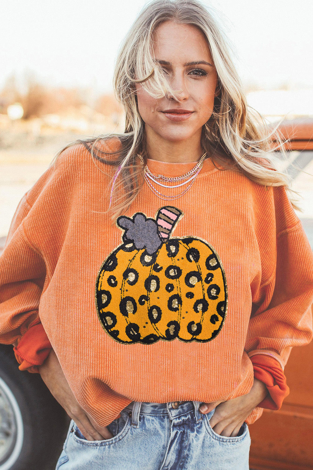 Halloween Leopard Pumpkin Patchwork Ribbed Sweatshirt | Orange