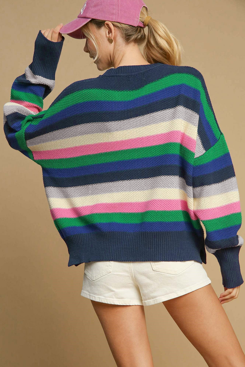 Rainbow Striped Crew Neck Drop Shoulder Sweater | Bright Green