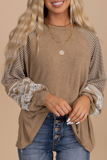 Floral Striped Patchwork Loose Long Sleeve Top | Light French Beige