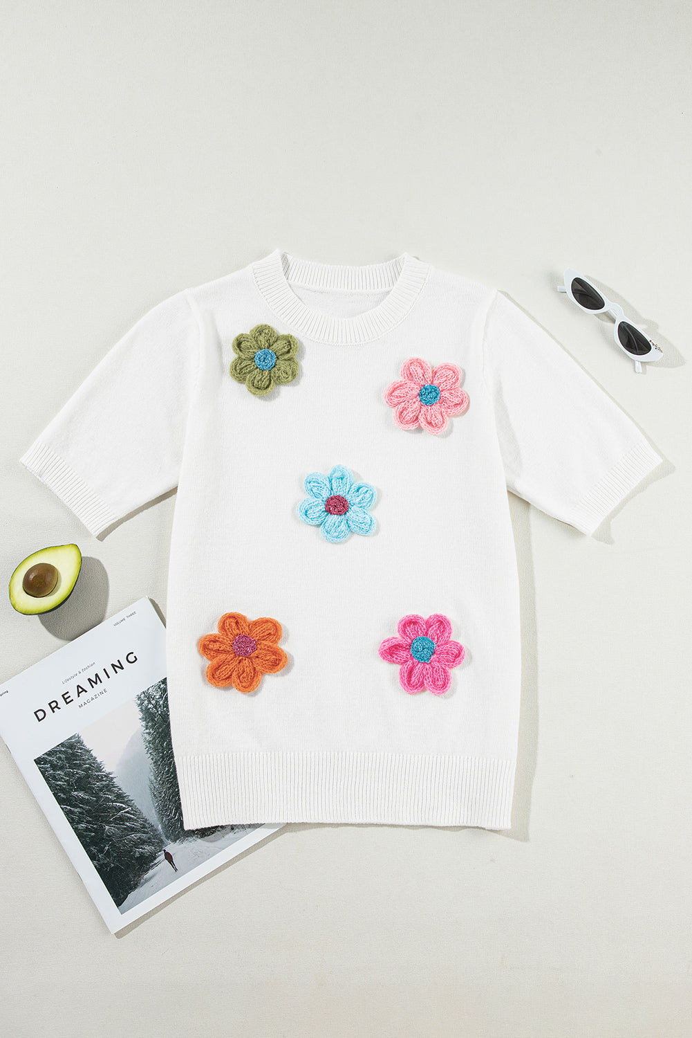 Cute Flower Applique Short Sleeve Sweater | White