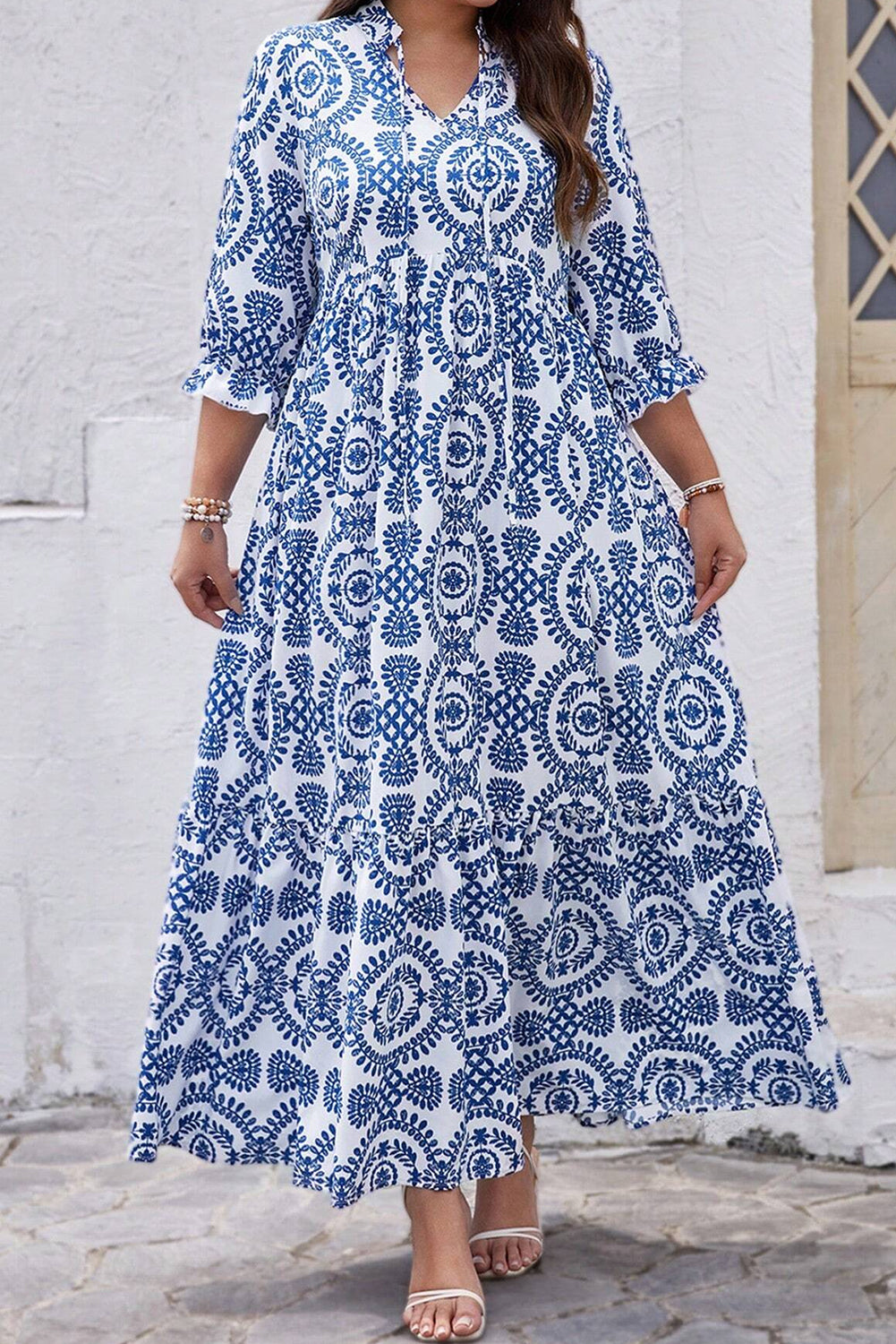 Geometric Print Lace-Up Notch Neck Plus Size Maxi Dress | Sky Blue