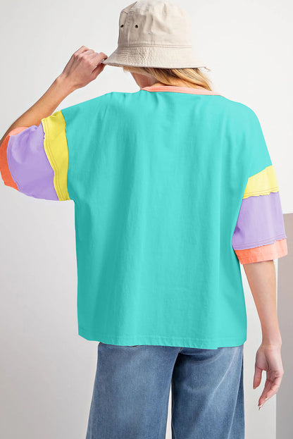 Colour Block Stitching Sleeve Round Neck Oversize Top | Light Blue