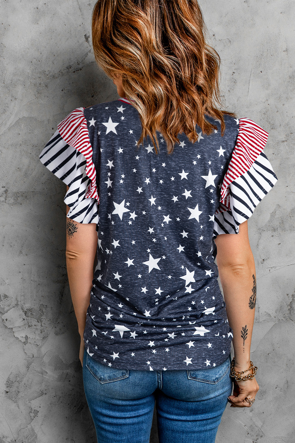 Striped Ruffled Sleeve Star Print T Shirt | Gray