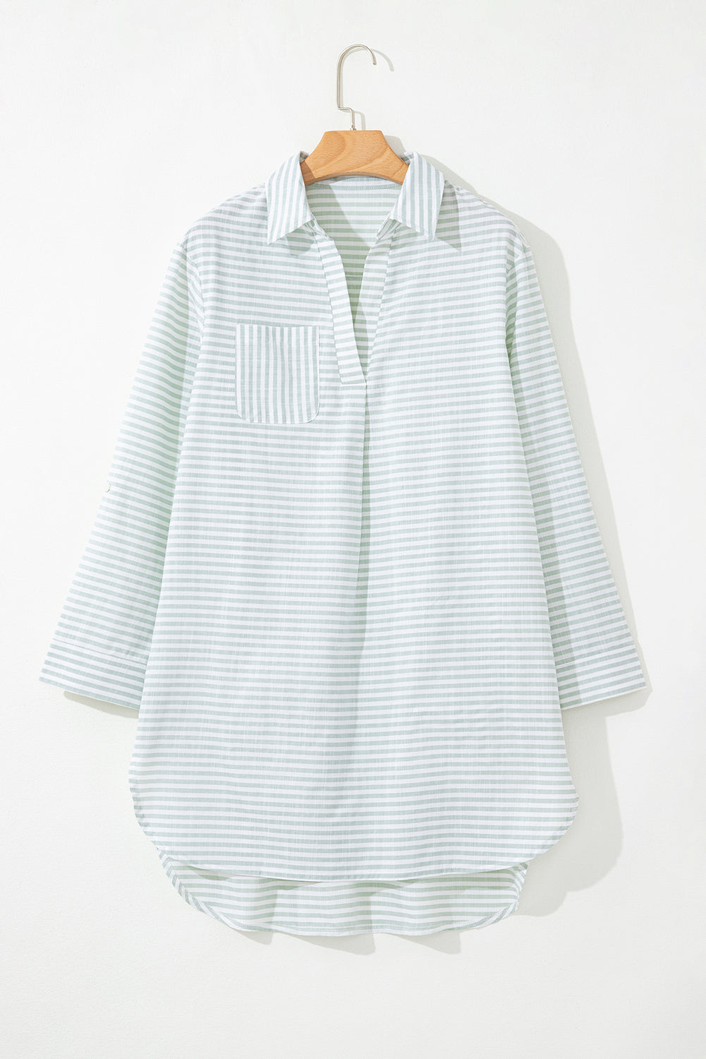 Collared V Neck Chest Pocket Long Sleeve Beach Cover Up | White Stripe