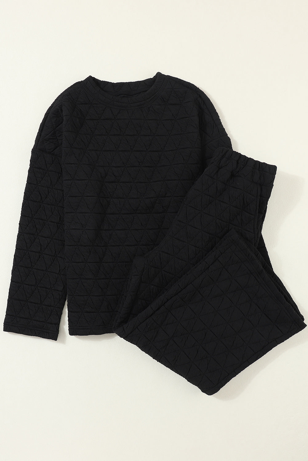 Solid Quilted Pullover And Pants Outfit | Black