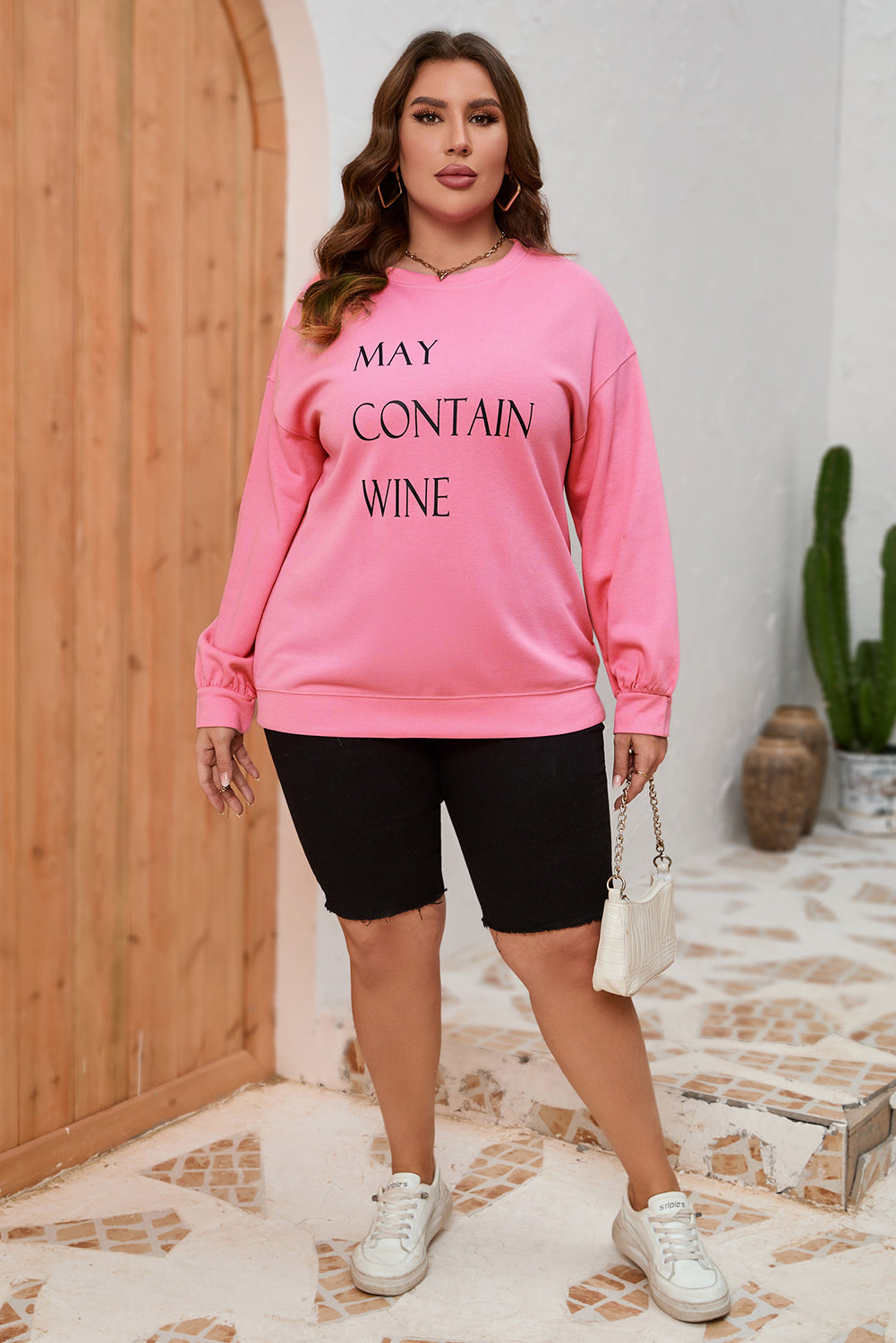 May Contain Wine Crew Neck Plus Size Sweatshirt | Pink