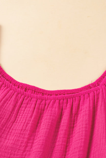 Crinkled Textured Square Neck Puff Sleeve And Shorts Set | Bright Pink