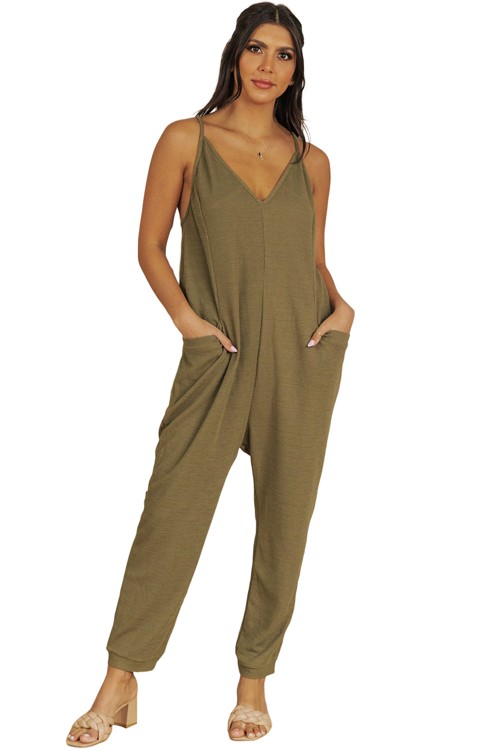 Textured Sleeveless V-Neck Pocketed Casual Jumpsuit | Green