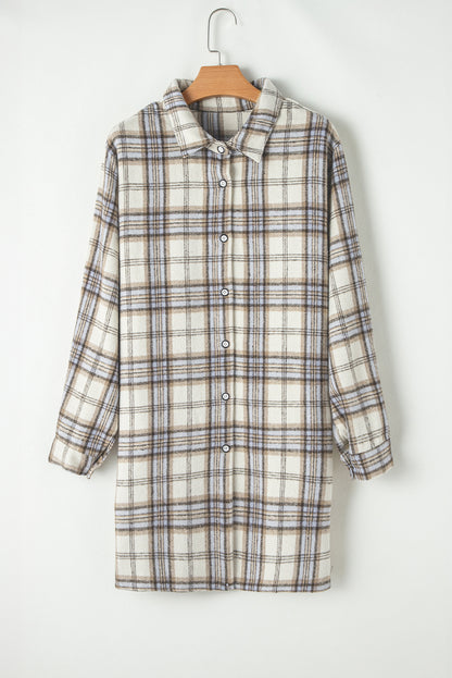 White Plaid Print Tunic Plus Size Shacket With Slits | White Stripe