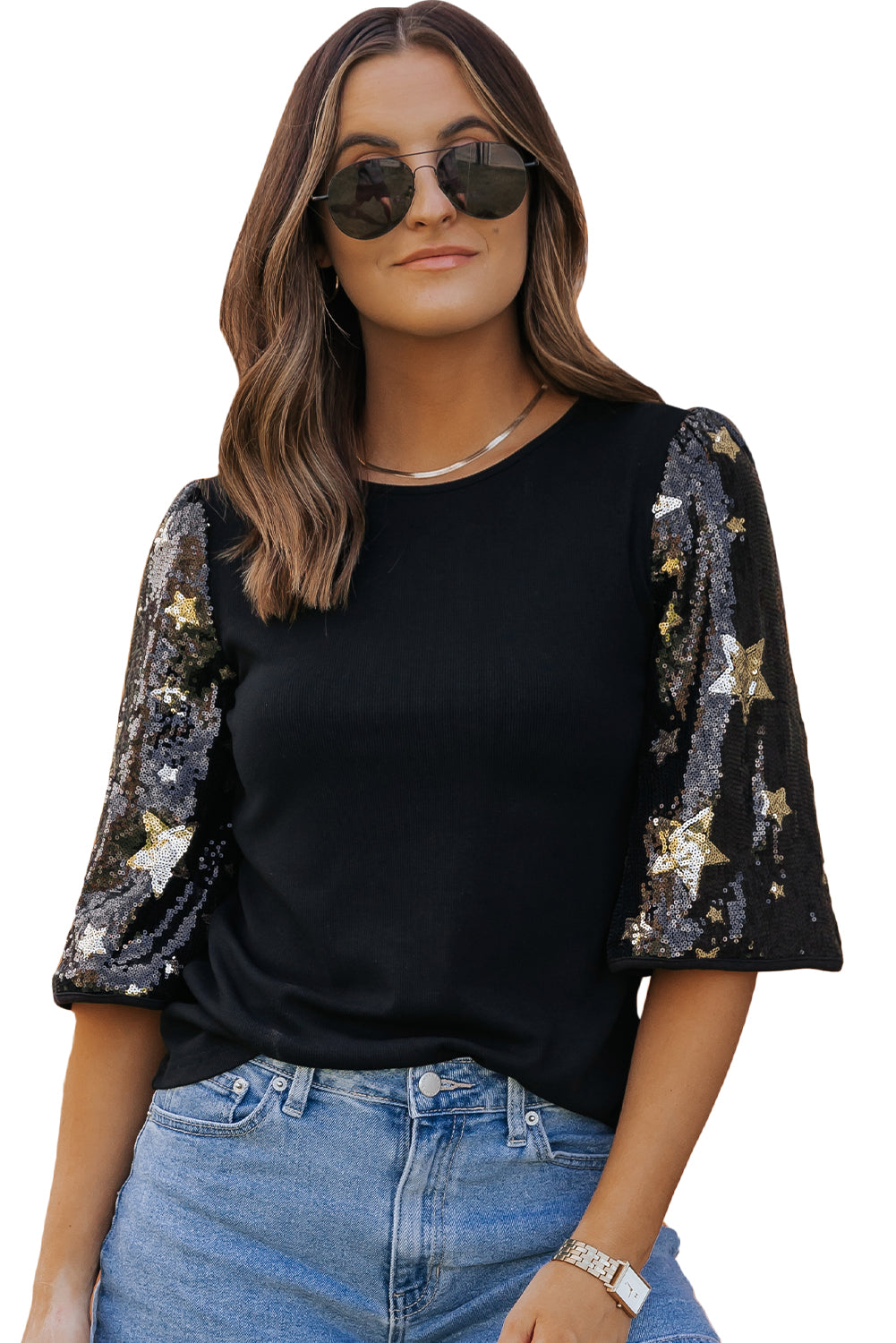 Star Sequin Splicing Half Sleeve Top | Black