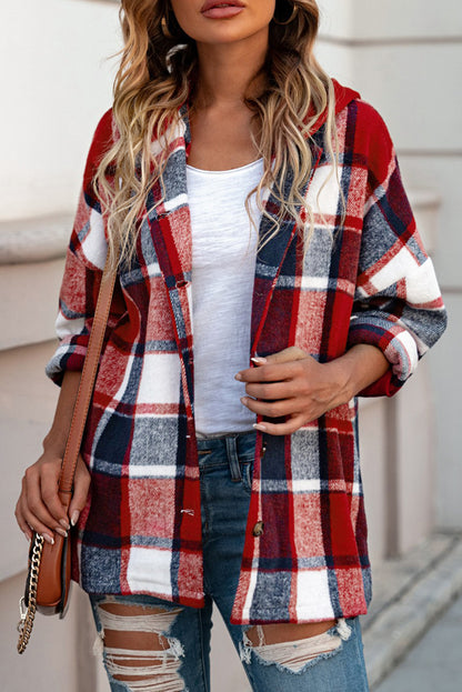 Fiery  Hooded Plaid Button Front Shacket | Red