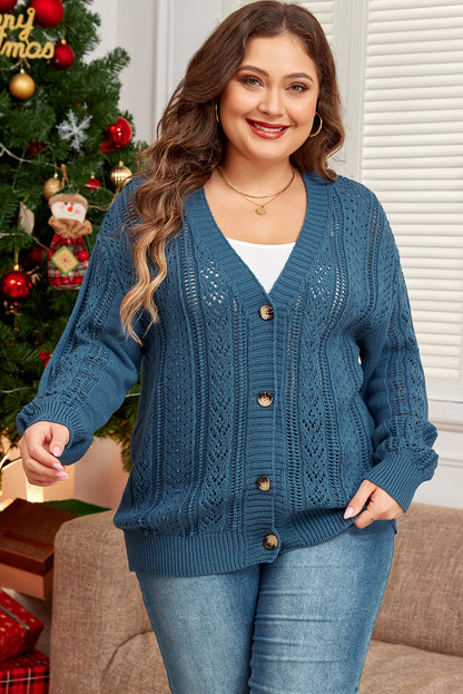 Open Knit V Neck Button Front Drop Shoulder Plus Size Cardigan | Real Teal