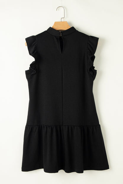 Flutter Sleeve Crew Neck Shift Dress | Black