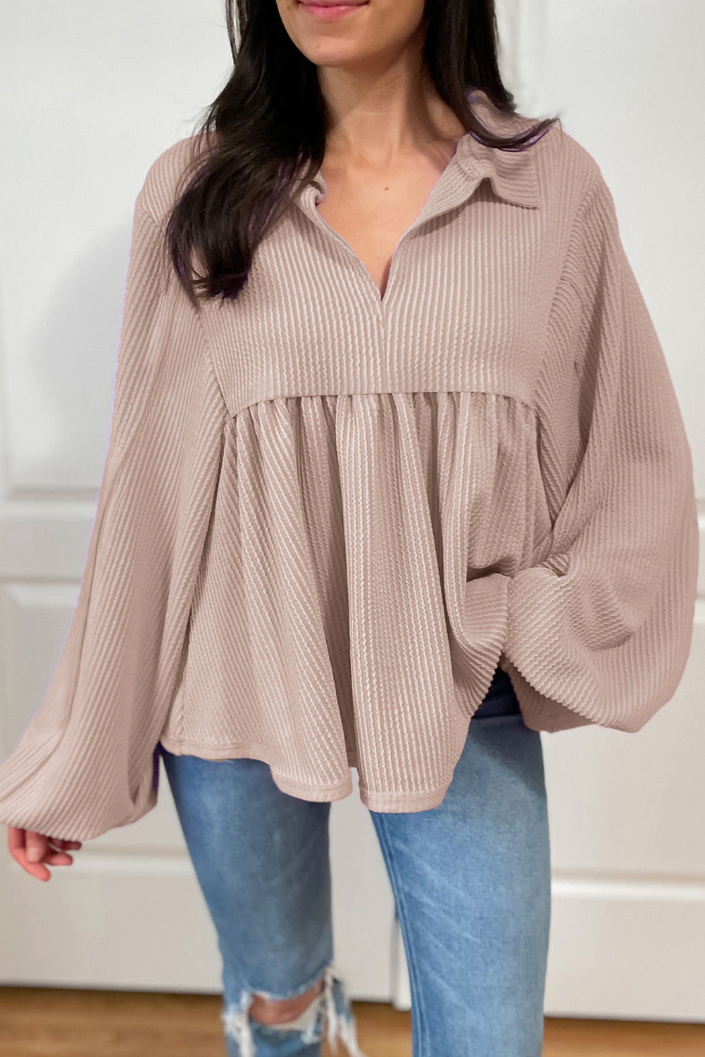 Corded Turn-Down V Neck Bubble Sleeve Babydoll Blouse | Parchment