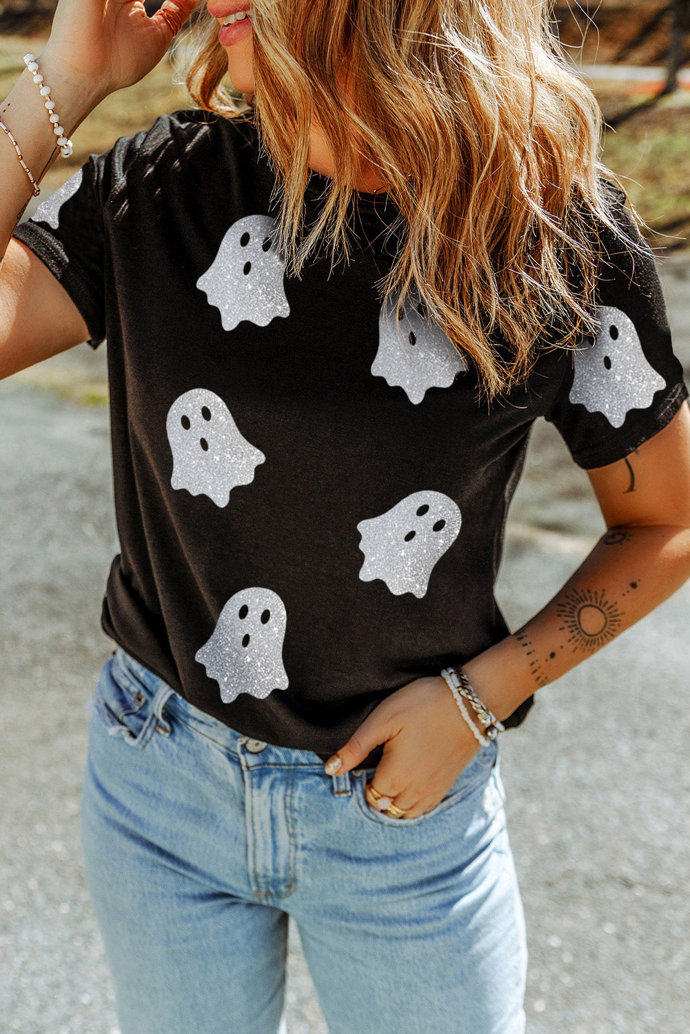 Glitter Ghost Pattern Crew Neck Halloween T Shirt | Black