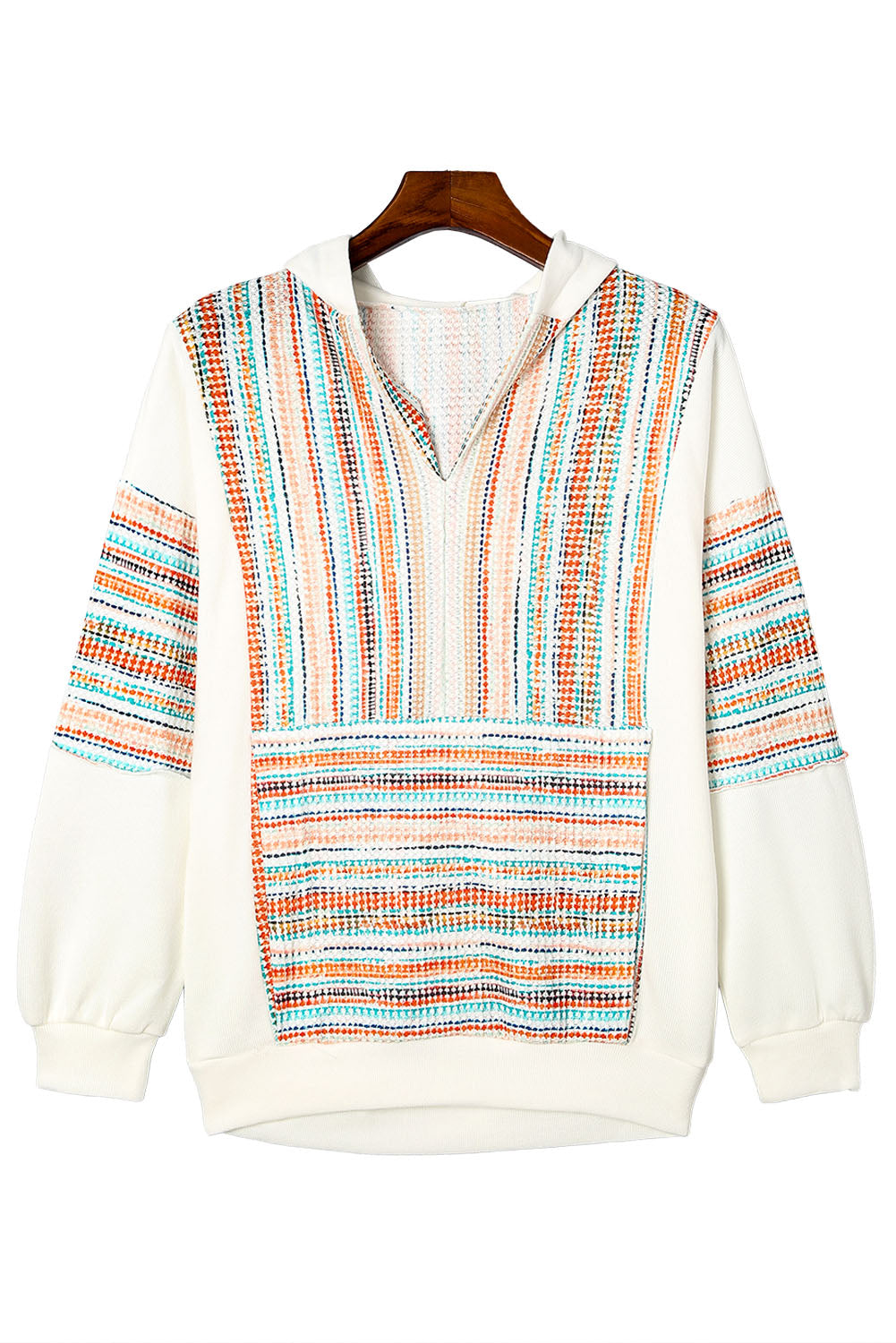 Striped Patchwork V Neck Drop Shoulder Knit Hoodie | Multicolour