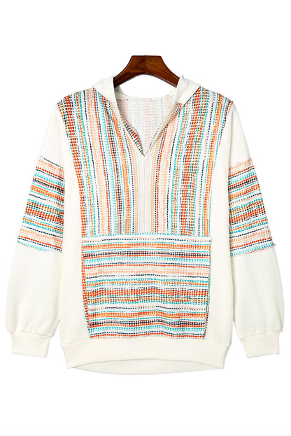 Striped Patchwork V Neck Drop Shoulder Knit Hoodie | Multicolour