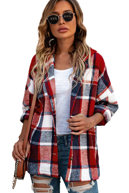 Fiery  Hooded Plaid Button Front Shacket | Red