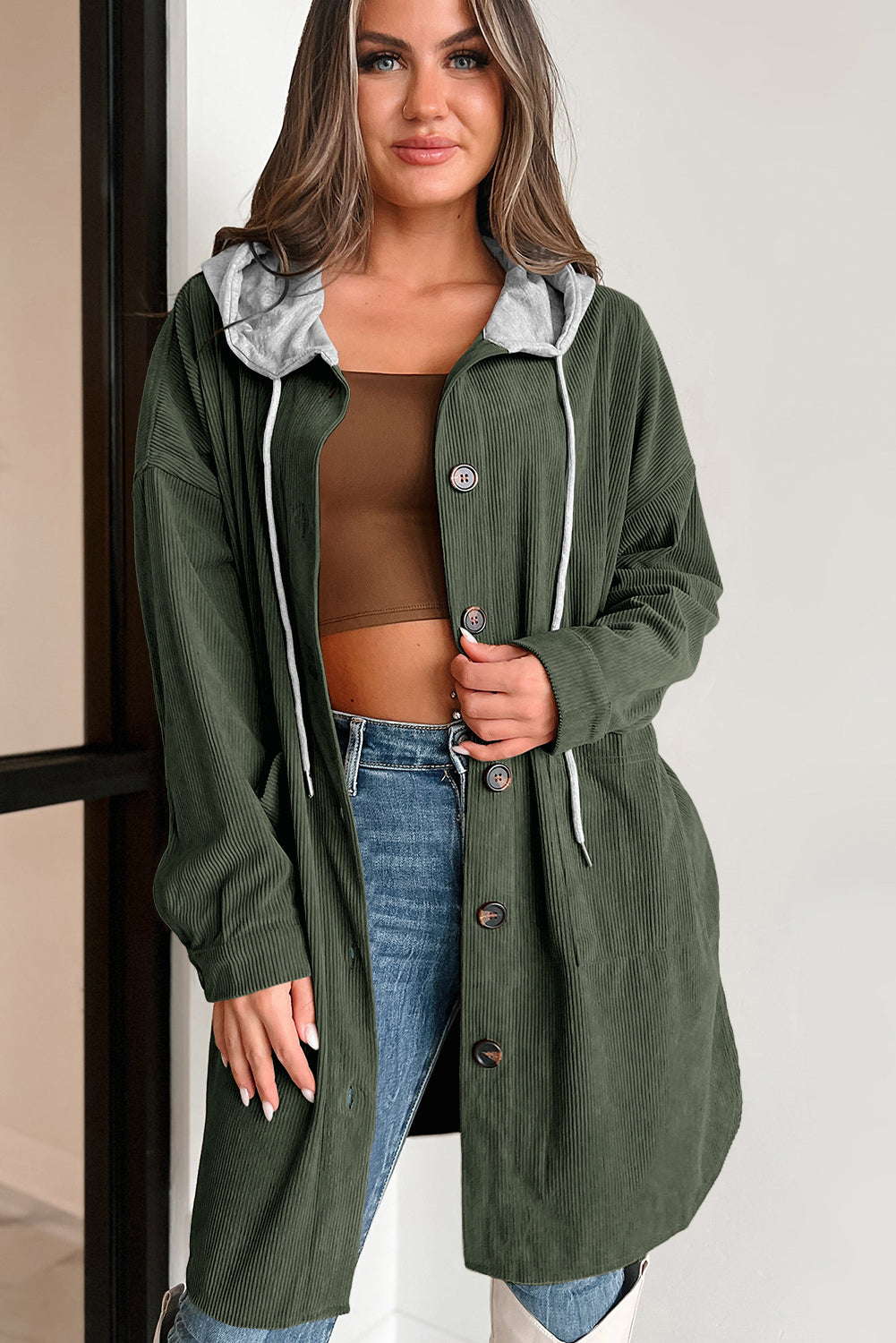 Oversized Corduroy Contrast Hooded Shacket | Jungle Green