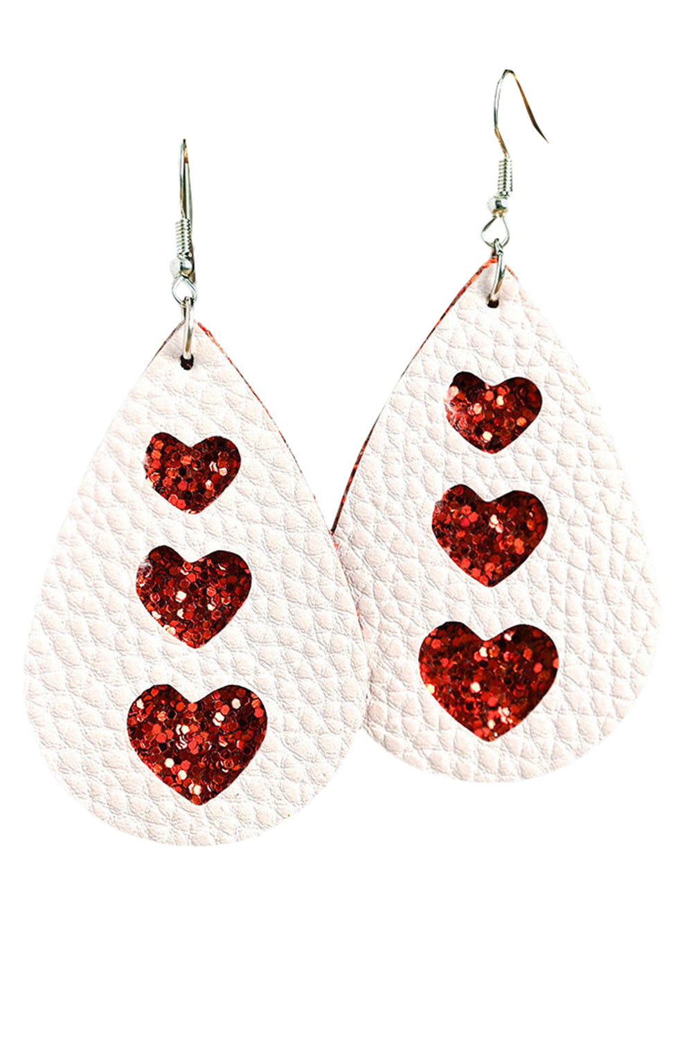 Valentines Heart Print Pu Leather Teardrop Dangle Earrings | White