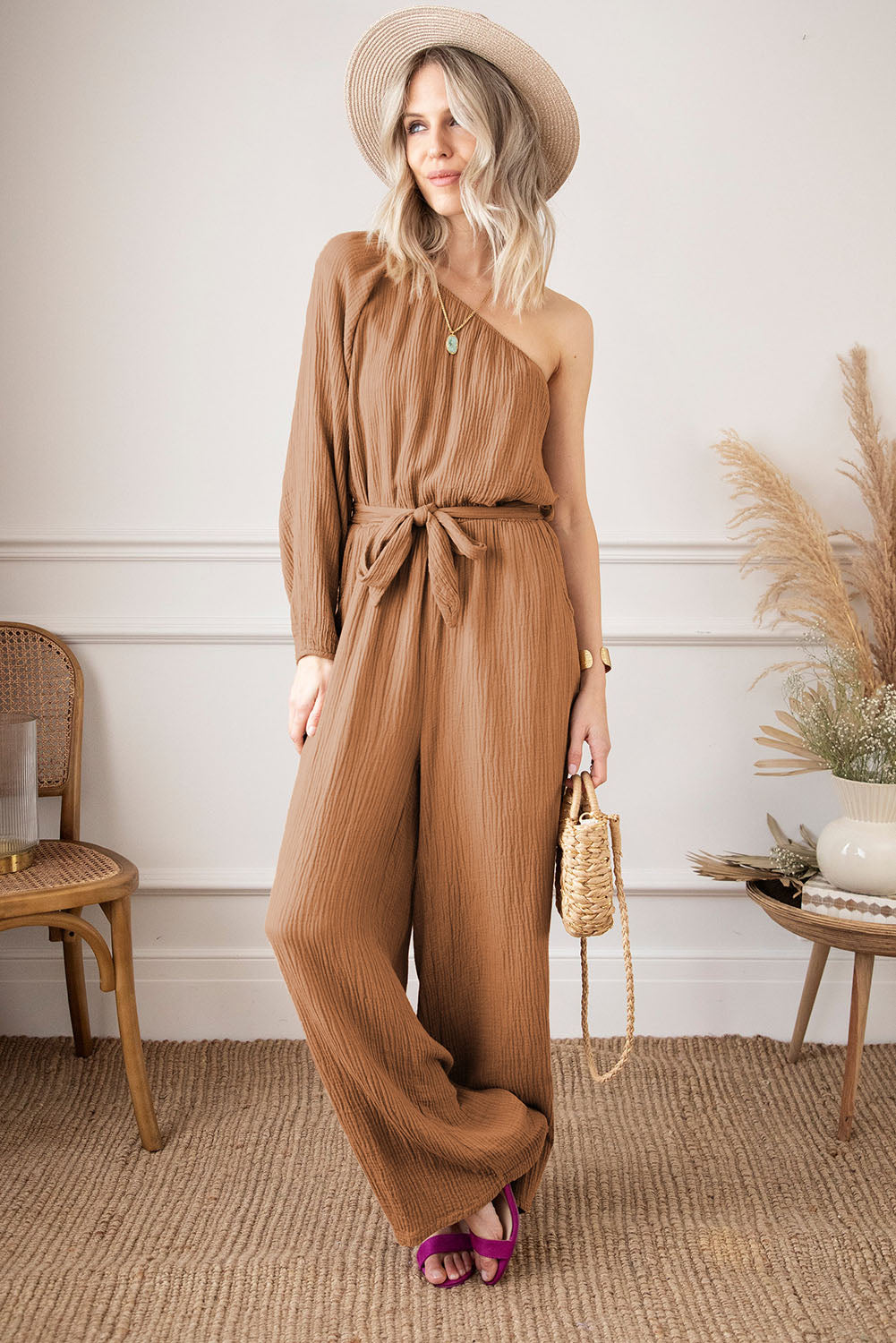 Crinkled Texture One-Shoulder Loose Jumpsuit | Khaki