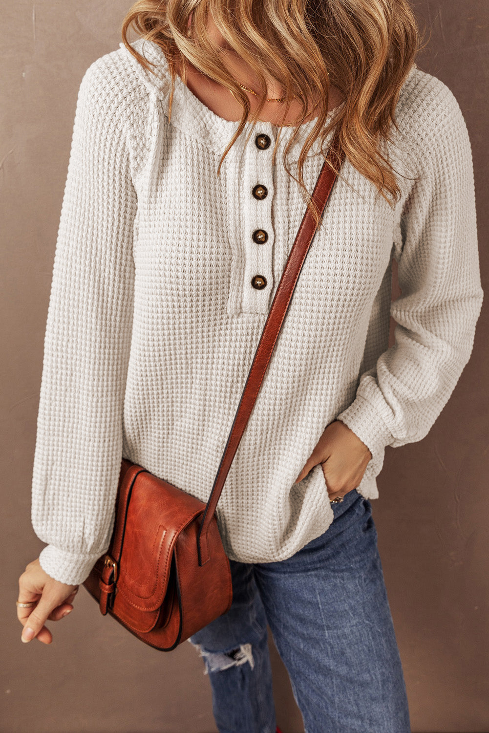 Waffle Knit Buttoned Front Raglan Sleeve Loose Blouse | Oatmeal