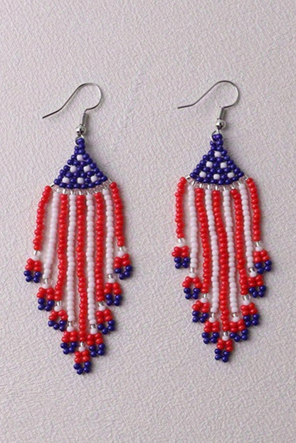 American Flag Beaded Fringed Hook Earrings | Fiery Red