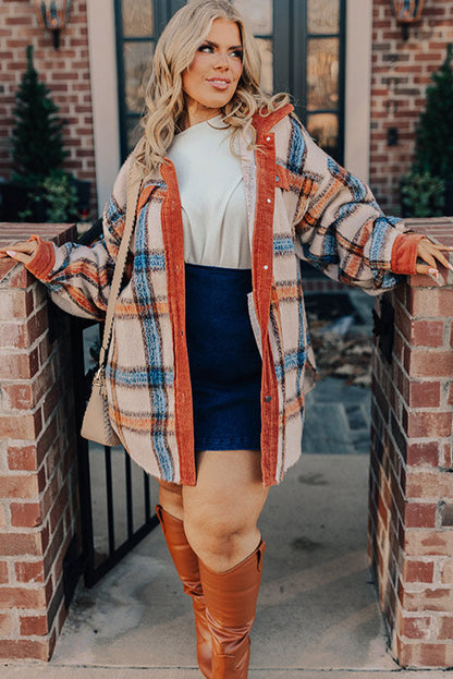 Plus Size Plaid Print Collared Buttoned Jacket | Brown Stripe