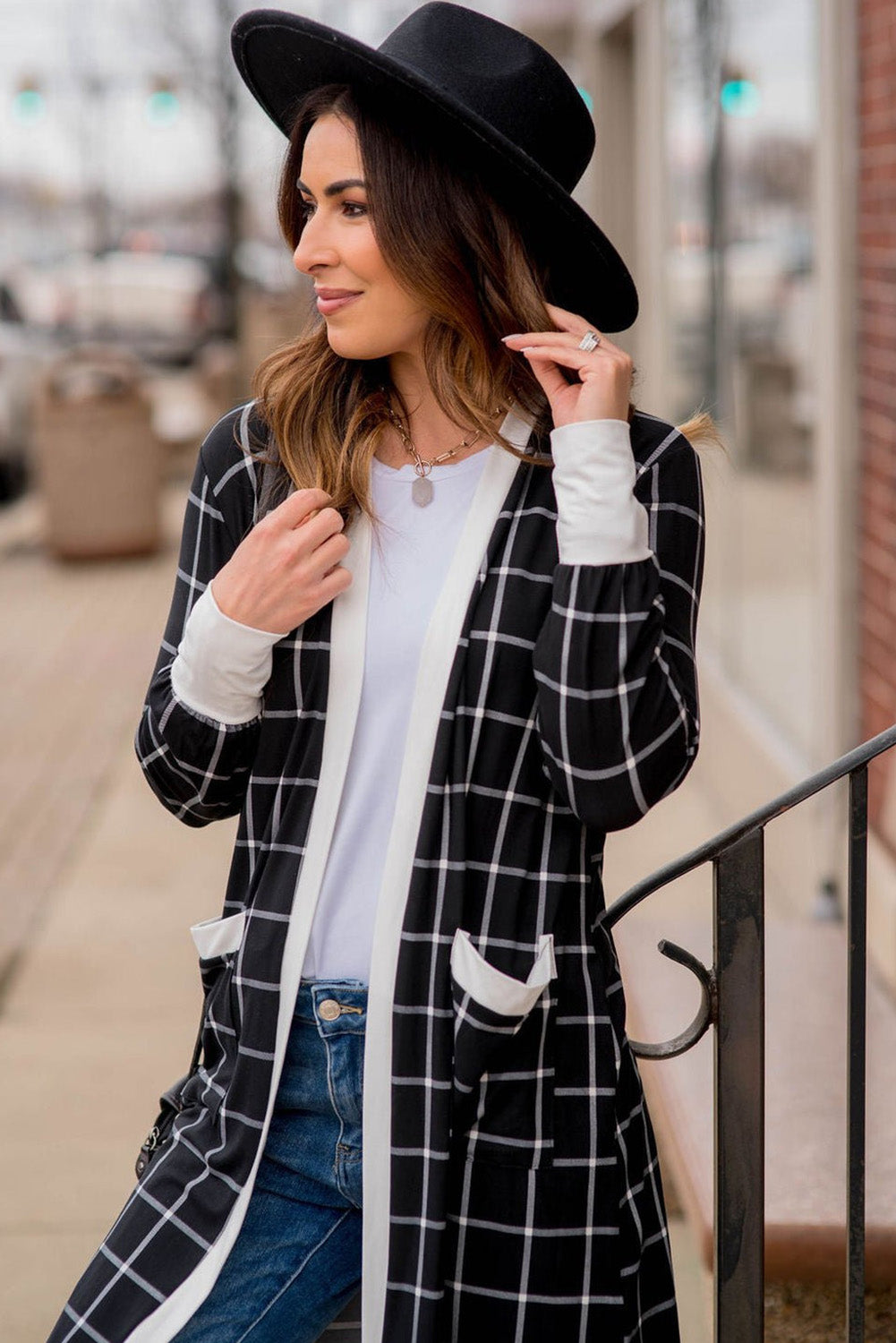 Plaid Colourblock Edge Open Cardigan With Pocket | Black