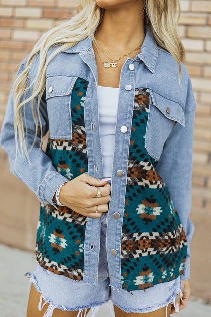 Aztec Printed Denim Jacket | Blue