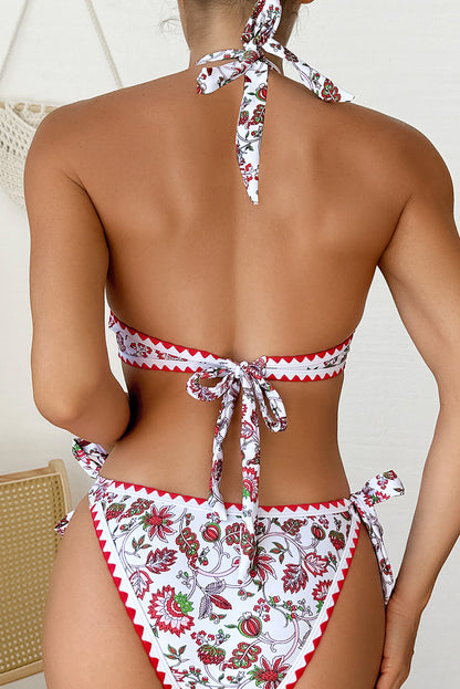 Floral Halter O-Ring Backless Knot Bikini Set | Red