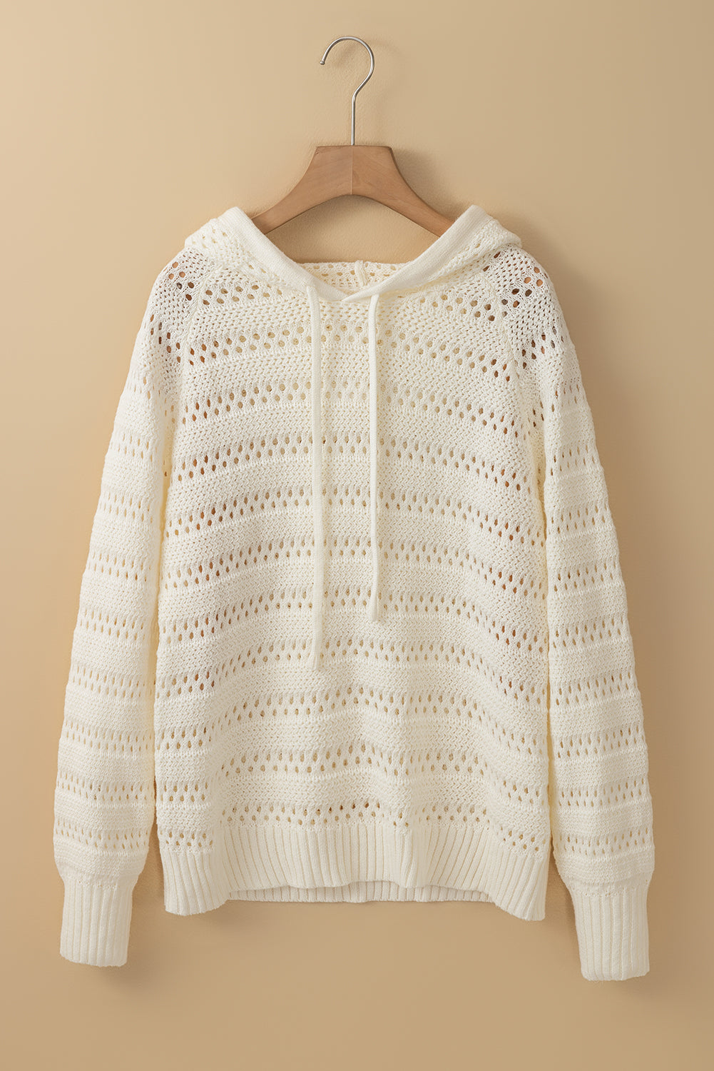 Pointelle Knit Raglan Sleeve Hooded Sweater | White