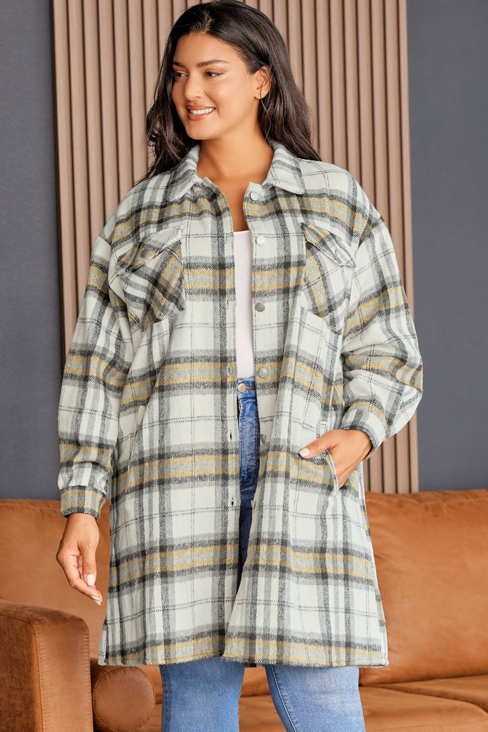 Plus Size Plaid Pocketed Side Slit Shacket | Multicolour