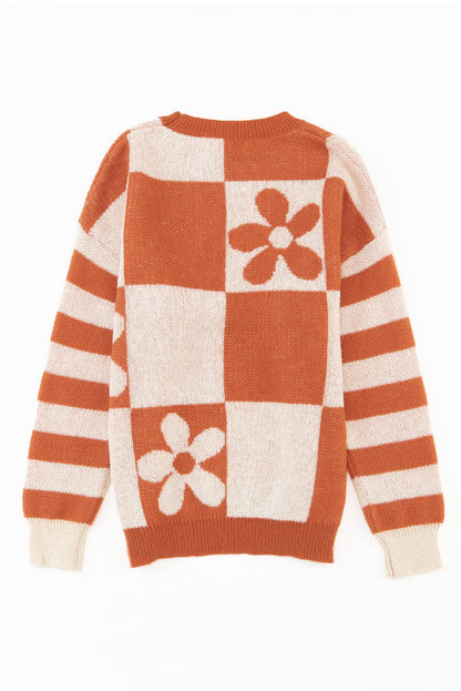 Checkered Floral Print Striped Sleeve Sweater | Brown