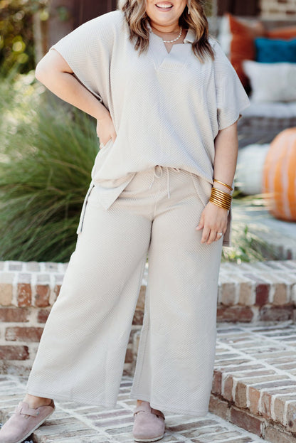 Plus Size Textured Collared Top And Pants Set | Beige