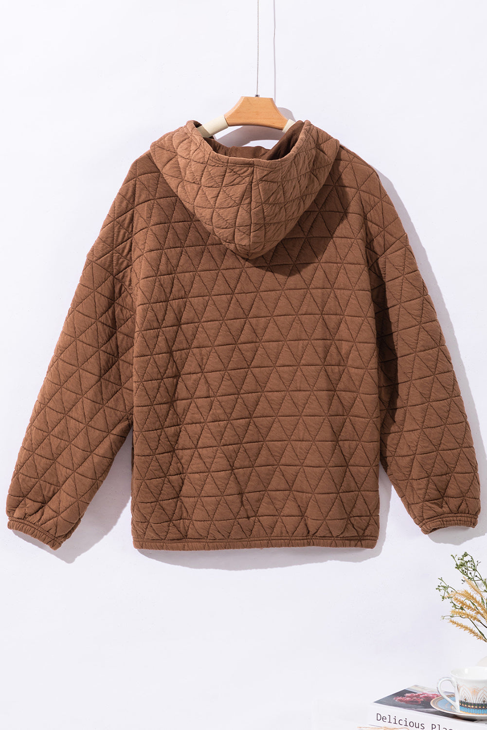 Solid Colour Quilted Kangaroo Pocket Hoodie | Coffee